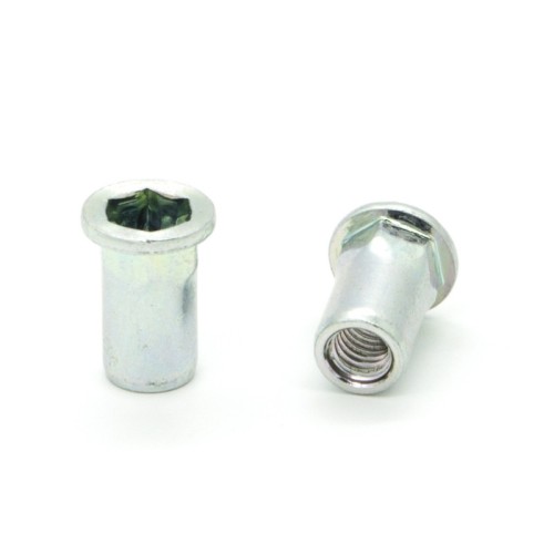 Inserti Filettati in Acciaio Testa Piana con corpo Semi Esagonale M5 grip da 0.5-3.0mm - Box da 500 pezzi